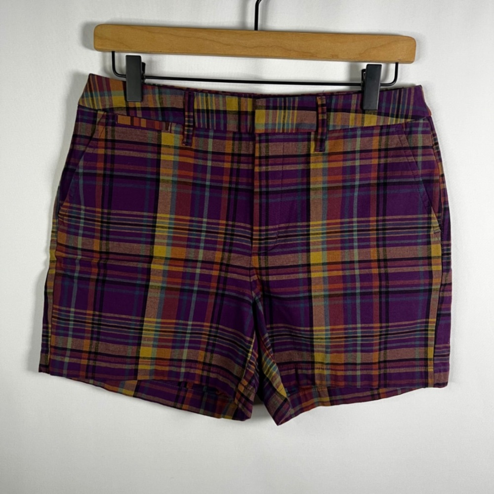 A New‎ Day Shorts Women 6 Stretch Purple Plaid High Waisted Academy Style Preppy